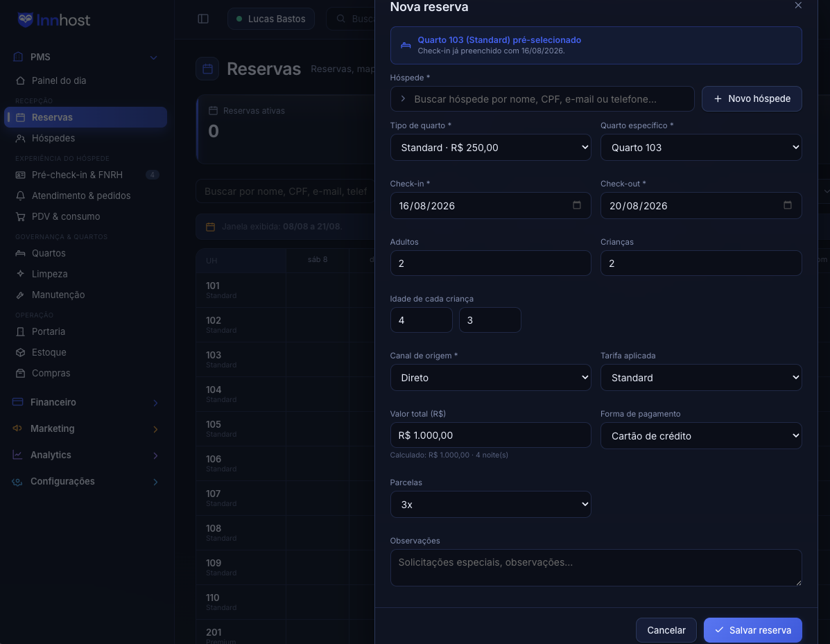 Painel Innhost — Nova reserva e check-in